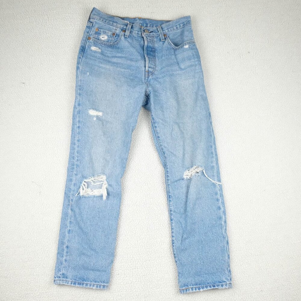Levis 501 Jeans Womens 28 Blue Distressed  Button Fly High Rise Medium Wash